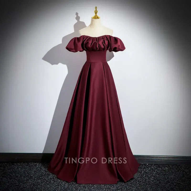 Elegant A-Line Off - Shoulder Puff Sleeve Lace - Up Back Satin Maxi Dress Prom Dress